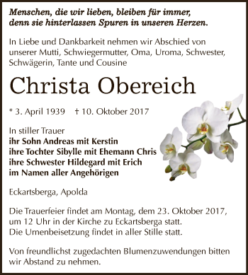 Traueranzeige von Christa Obereich von WVG - Wochenspiegel NMB / WSF / ZTZ