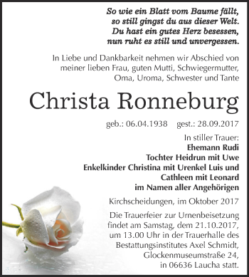 Traueranzeige von Christa Ronneburg von WVG - Wochenspiegel NMB / WSF / ZTZ