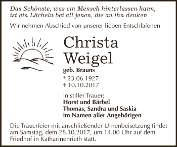 Traueranzeige von Christa Weigel von Super Sonntag SGH Mansf. Land