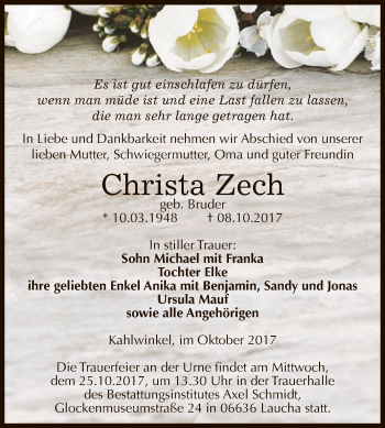 Traueranzeige von Christa Zech von WVG - Wochenspiegel NMB / WSF / ZTZ