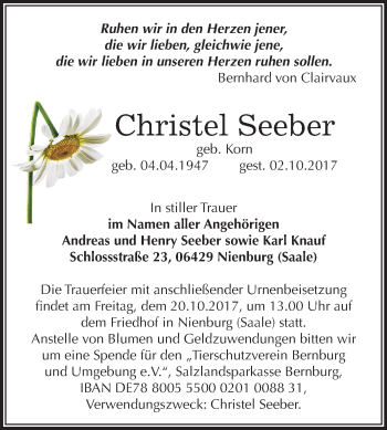 Traueranzeige von Christel Seeber von Mitteldeutsche Zeitung Bernburg