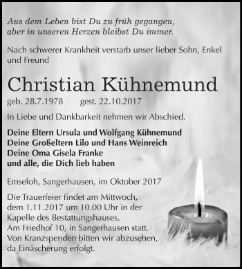 Traueranzeige von Christian Kühnemund von Super Sonntag SGH Mansf. Land