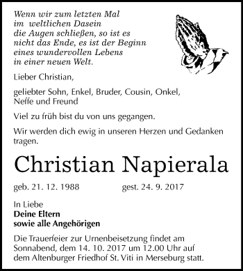 Traueranzeige von Christian Napierala von WVG - Wochenspiegel Merseburg