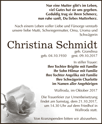 Traueranzeige von Christina Schmidt von WVG - Wochenspiegel NMB / WSF / ZTZ
