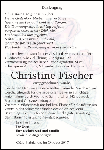 Traueranzeige von Christine Fischer von WVG - Wochenspiegel Bitterfeld