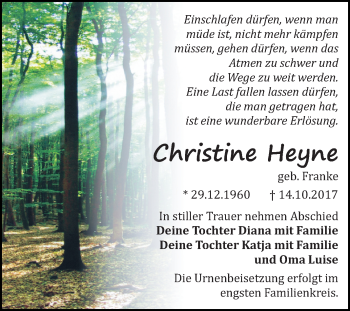 Traueranzeige von Christine Heyne von Mitteldeutsche Zeitung Bitterfeld