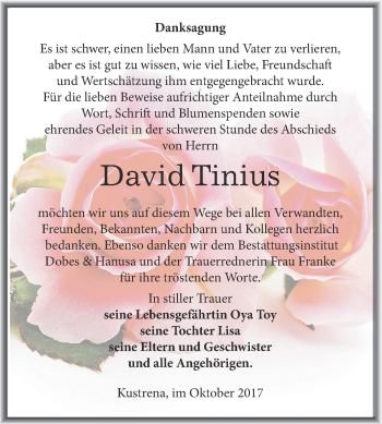 Traueranzeige von David Tinius von Super Sonntag Bernburg