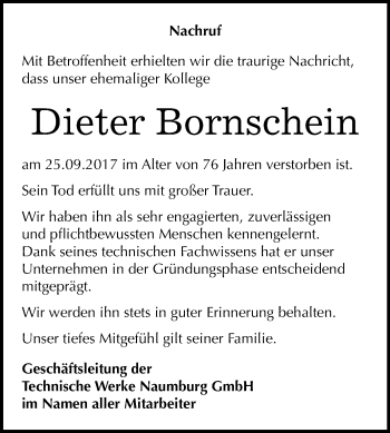 Traueranzeige von Dieter Bornschein von Mitteldeutsche Zeitung