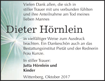 Traueranzeige von Dieter Hörnlein von Super Sonntag Wittenberg