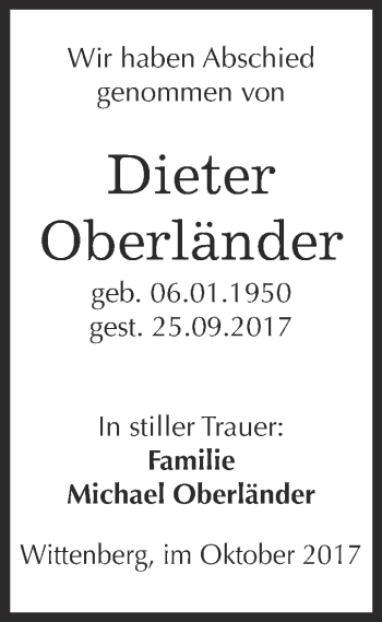 Traueranzeige von Dieter Oberländer von WVG - Wochenspiegel Wittenberg