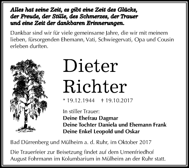  Traueranzeige für Dieter Richter vom 25.10.2017 aus Mitteldeutsche Zeitung Merseburg/Querfurt