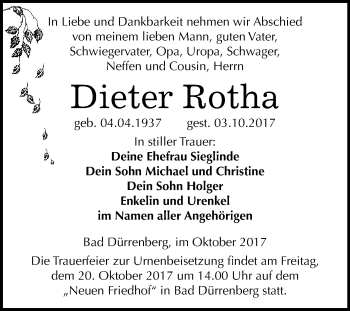 Traueranzeige von Dieter Rotha von WVG - Wochenspiegel Merseburg