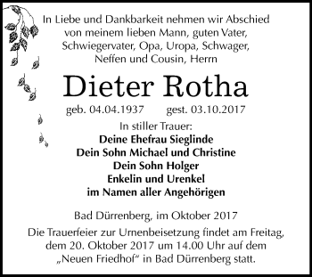 Traueranzeige von Dieter Rotha von Mitteldeutsche Zeitung