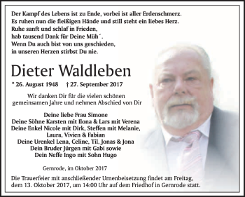 Traueranzeige von Dieter Waldleben von WVG - Wochenspiegel Quedlinburg