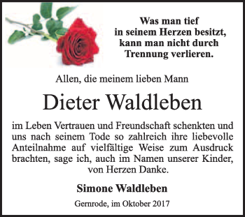 Traueranzeige von Dieter Waldleben von WVG - Wochenspiegel Quedlinburg
