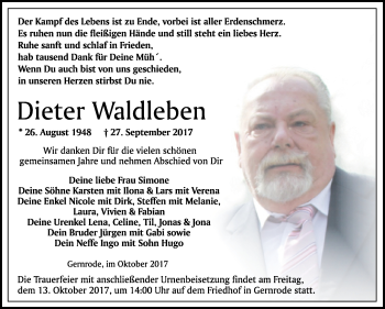 Traueranzeige von Dieter Waldleben von Mitteldeutsche Zeitung Quedlinburg
