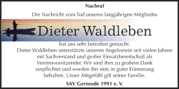 Traueranzeige von Dieter Waldleben von Super Sonntag Quedlinburg