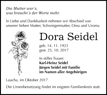 Traueranzeige von Dora Seidel von Mitteldeutsche Zeitung
