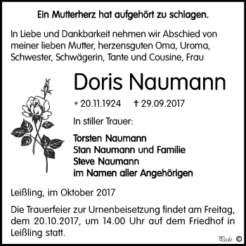 Traueranzeige von Doris Naumann von Mitteldeutsche Zeitung Weißenfels