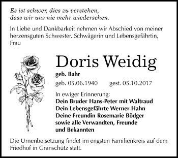 Traueranzeige von Doris Weidig von Mitteldeutsche Zeitung Weißenfels