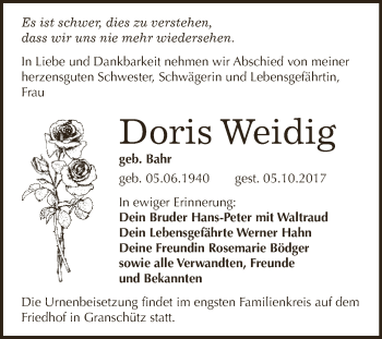 Traueranzeige von Doris Weidig von WVG - Wochenspiegel NMB / WSF / ZTZ