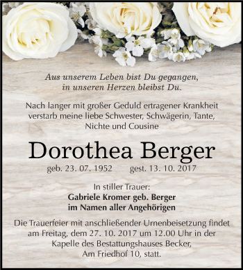 Traueranzeige von Dorothea Berger von Super Sonntag SGH Mansf. Land