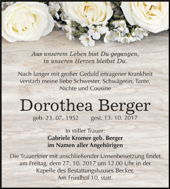 Traueranzeige von Dorothea Berger von Mitteldeutsche Zeitung