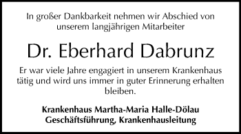 Traueranzeige von Eberhard Dabrunz von Mitteldeutsche Zeitung Halle/Saalkreis