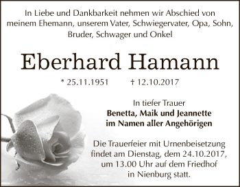 Traueranzeige von Eberhard Hamann von Super Sonntag Bernburg