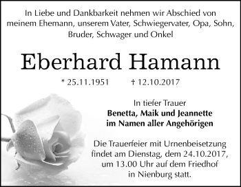 Traueranzeige von Eberhard Hamann von Mitteldeutsche Zeitung Bernburg