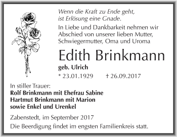 Traueranzeige von Edith Brinkmann von Wochenspiegel Mansfelder Land