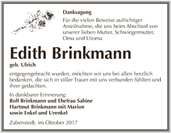Traueranzeige von Edith Brinkmann von Super Sonntag SGH Mansf. Land