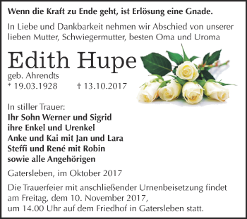 Traueranzeige von Edith Hupe von Super Sonntag Aschersleben