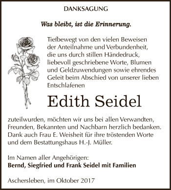 Traueranzeige von Edith Seidel von Super Sonntag Aschersleben