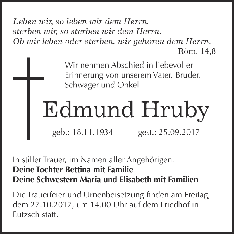  Traueranzeige für Edmund Hruby vom 07.10.2017 aus Super Sonntag Wittenberg