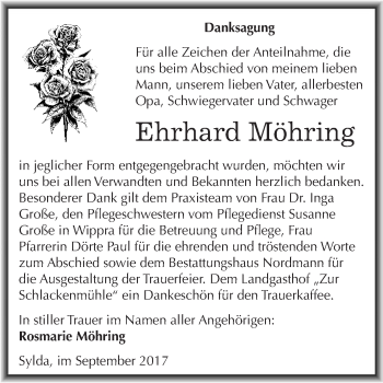 Traueranzeige von Ehrhard Möhring von Wochenspiegel Mansfelder Land