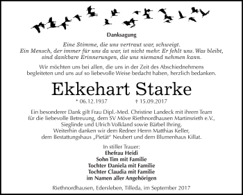 Traueranzeige von Ekkehart Starke von WVG - Wochenspiegel SGH