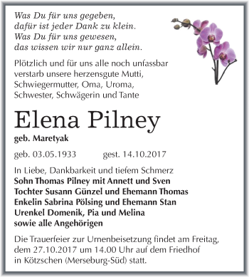 Traueranzeige von Elena Pilney von Mitteldeutsche Zeitung