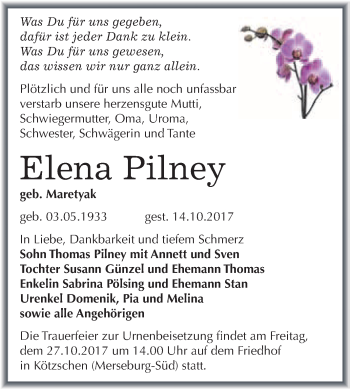 Traueranzeige von Elena Pilney von WVG - Wochenspiegel Merseburg