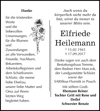 Traueranzeige von Elfriede Heilemann von Mitteldeutsche Zeitung Bitterfeld