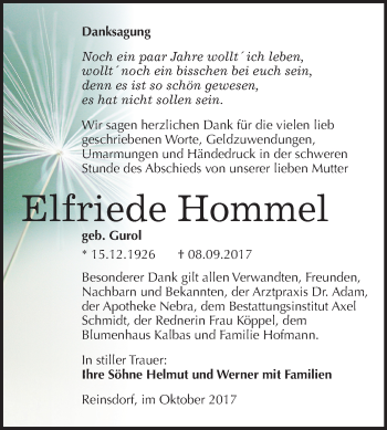Traueranzeige von Elfriede Hommel von Mitteldeutsche Zeitung