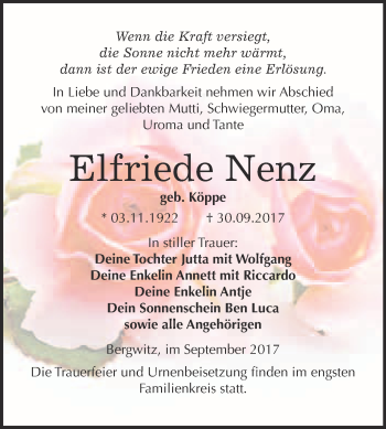 Traueranzeige von Elfriede Nenz von WVG - Wochenspiegel Wittenberg