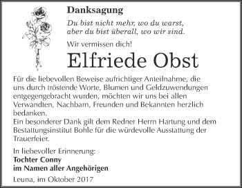 Traueranzeige von Elfriede Obst von Super Sonntag Merseburg