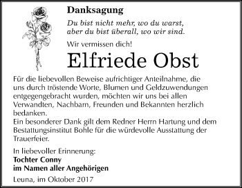 Traueranzeige von Elfriede Obst von Mitteldeutsche Zeitung Merseburg/Querfurt