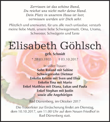 Traueranzeige von Elisabeth Göhlsch von Super Sonntag Merseburg