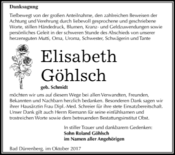 Traueranzeige von Elisabeth Göhlsch von Mitteldeutsche Zeitung Merseburg/Querfurt