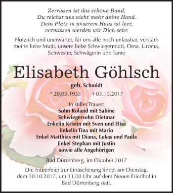 Traueranzeige von Elisabeth Göhlsch von Mitteldeutsche Zeitung Merseburg/Querfurt
