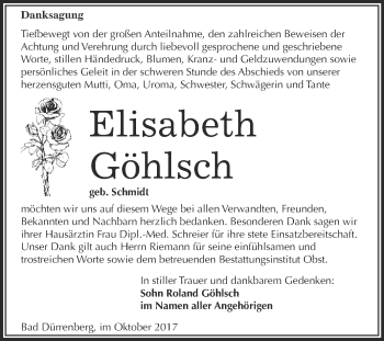 Traueranzeige von Elisabeth Göhlsch von Super Sonntag Merseburg
