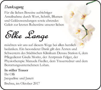 Traueranzeige von Elke Lange von WVG - Wochenspiegel Bitterfeld