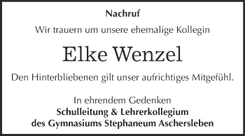 Traueranzeige von Elke Wenzel von Super Sonntag Aschersleben